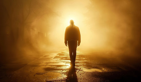 A man in dark clothing is walking down a misty street, barely visible through the thick fog surrounding him. The dimly lit street lamps barely illuminate his path as he moves forward.の素材