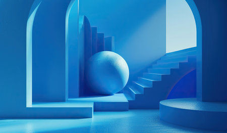 A room painted in shades of blue featuring a ball placed on the floor. Two stairs lead to different levels within the room, creating a sense of movement and exploration.の素材