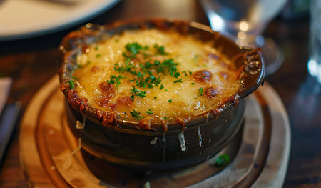 Selectable melted cheese on classic French onion soup at cozy restaurantの素材