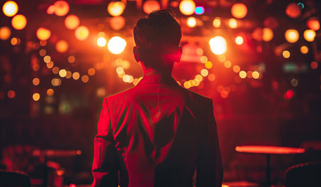 Elegant adult caucasian man on stage with captivating bokeh lightsの素材