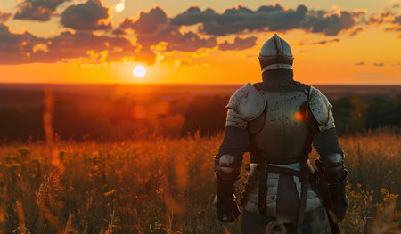 Knight in shining armor standing in a field at sunsetの素材