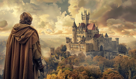 Medieval knight looking at a distant castle amidst autumn landscapeの素材