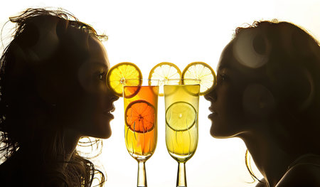 Silhouetted friends toasting with citrus cocktails at golden hourの素材