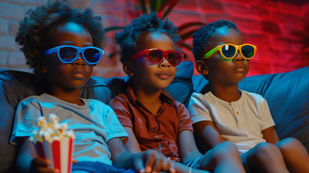 Three dark-skinned children enjoying a movie night with colorful 3D glassesの素材