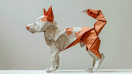 Intricate origami dog sculpture on plain backgroundの素材
