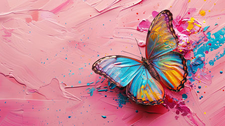 Vibrant butterfly on pink textured background with colorful splashesの素材