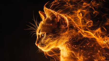Fiery glow illuminating a mystical cat portraitの素材
