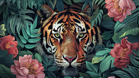 Tiger amidst lush tropical foliage and vibrant flowers illustrationの素材