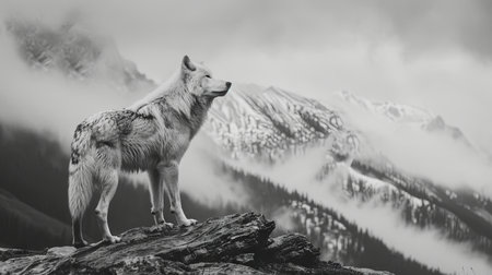 Majestic lone wolf surveying misty mountain landscapeの素材