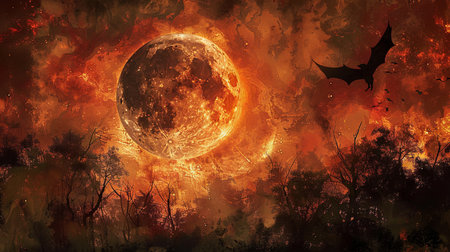 Fiery landscape with full moon and flying batの素材