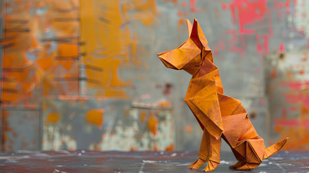 Intricate origami dog sculpture on a vibrant artistic backgroundの素材