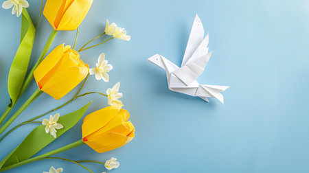 Origami paper crane and tulips on a blue backgroundの素材