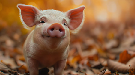 Charming piglet in autumn forest with golden leavesの素材
