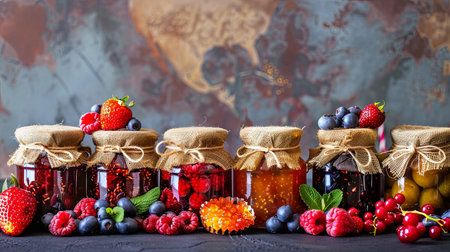 Assorted homemade berry jams in glass jars with fresh fruits on rustic backgroundの素材