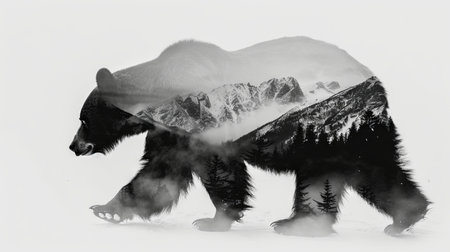 Majestic bear silhouette with mountain landscape fusionの素材