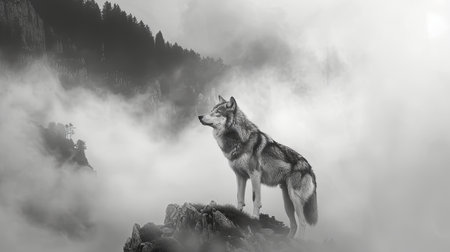 Majestic lone wolf howling on misty mountainの素材