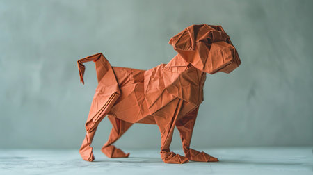 Intricate orange origami dog on a serene backdropの素材