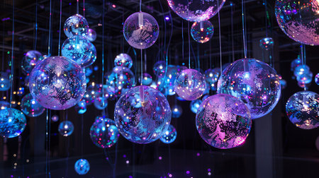 Illuminated spheres hanging in a modern light installation at nightの素材