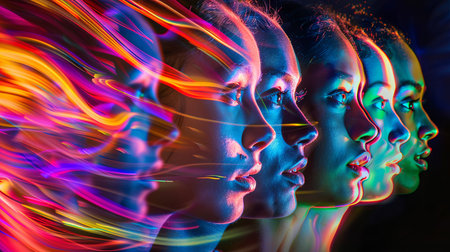 Colorful light trails outlining multiple profiles against a dark backgroundの素材