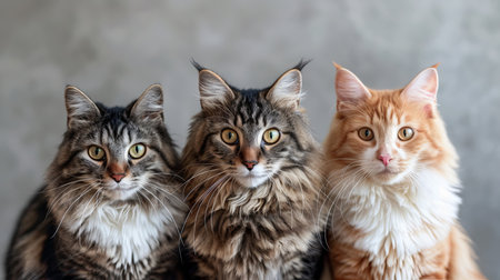 Trio of Fluffy Domestic Cats Sitting Togetherの素材