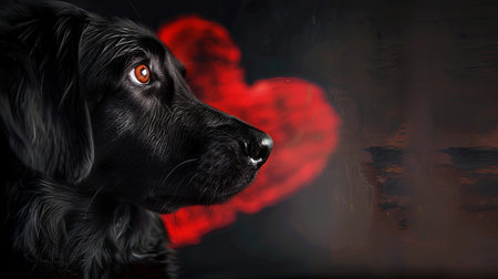 Close-up of a black dog with a heart-shaped bokeh backgroundの素材