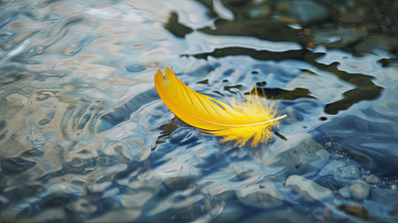 Serene yellow feather floating on gentle blue water ripplesの素材