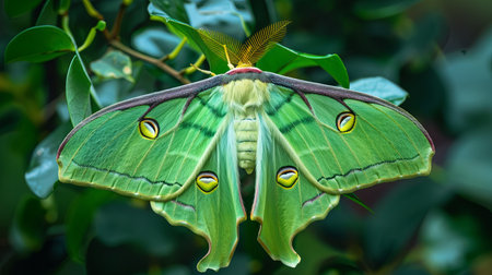 Vibrant green moth with eye patterns perched on foliageの素材
