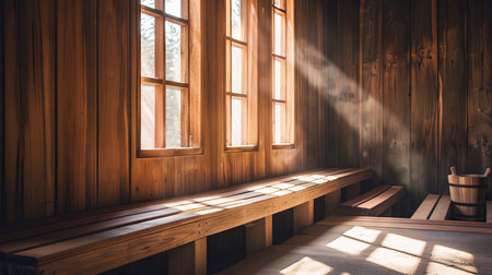 Serene wooden sauna interior with sunlight streaming through windowsの素材