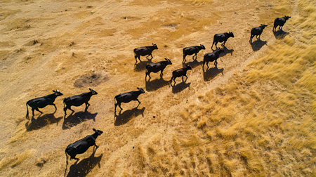 Herd of black cattle grazing in golden field from aerial viewの素材