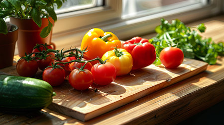 Sunny kitchen window scene with fresh vegetables on wooden boardの素材