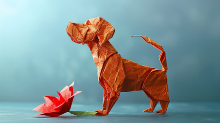 Colorful origami dog and crane on blue backgroundの素材