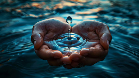 Serene water drop cradled in hands against a tranquil blue backdropの素材