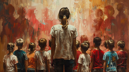 Art class observing colorful abstract paintingの素材