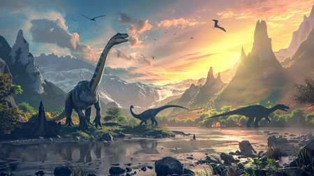 Mesmerizing prehistoric landscape with majestic dinosaurs at sunriseの素材