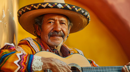 Traditional elderly Hispanic musician playing guitar with joyの素材