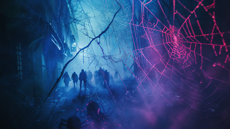 Mysterious foggy night with glowing spiderweb and silhouettes of peopleの素材