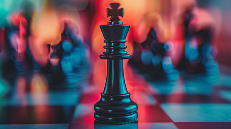 King chess piece standing proud on a board with blurred backgroundの素材