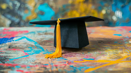 Celebrating academic success with a black graduation cap on a colorful backgroundの素材