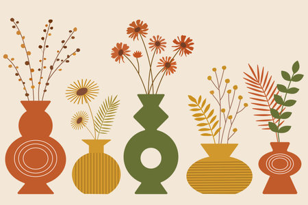 Modern minimalist vector illustration with decorative vases and stylized flowers in warm earthy colors.のイラスト素材