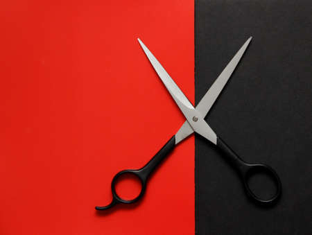 hairdressing scissors on the desktopの写真素材