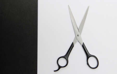 hairdressing scissors on the desktopの写真素材