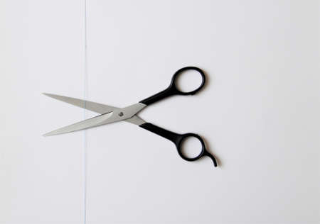 blue thread and steel scissorsの写真素材