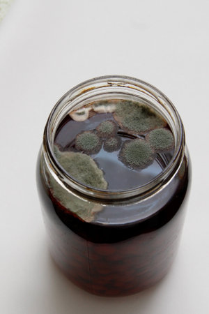 cherry jam is covered with moldの写真素材