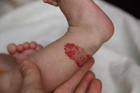 Infant hemangioma on the leg of a little boyの写真素材
