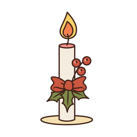 Vector illustration of festive candle with bow and holly berry. Isolated element of Christmas and Happy New Year eventsのイラスト素材