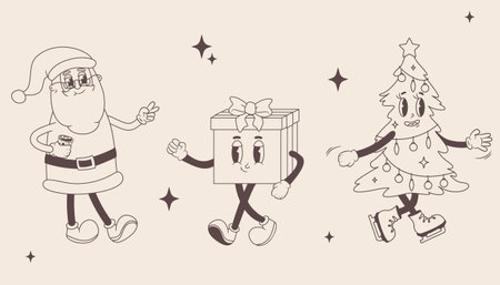 Vector set of xmas retro cartoon characters. Outline Illustrations of Santa, gift and Christmas Tree in 60s 70s style. Merry Christmas and Happy New Year groovy mascotsのイラスト素材