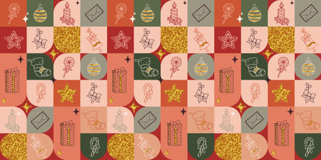 Vector Christmas and New Year square pattern with outline symbols of celebration and golden texture. Gift, candy cane, gingerbread, candle, stocking and Holly berryのイラスト素材