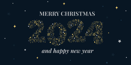 Vector greeting card Merry Christmas and Happy New Year 2024. Design of numbers on dark blue...