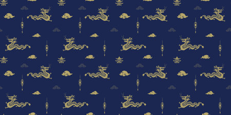 Seamless Pattern with Symbol of the Lunar New Year 2024 in geometric style on a dark blue background. Design for background, banners and posters.のイラスト素材