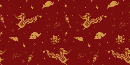 Vector Seamless Pattern with Symbol of the Lunar New Year 2024 in geometric style on a red...